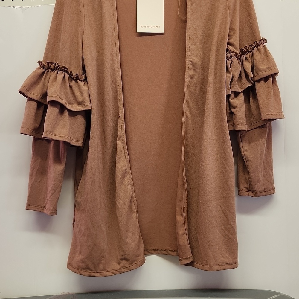 Blushing hearts open front ruffle sleeves light brown NWT - Picture 2 of 7